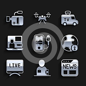 Set Mobile recording, Journalist news, News, World, Live report, TV car and Cinema camera icon. Vector