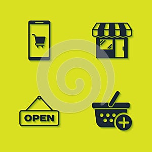 Set Mobile and shopping cart, Add to Shopping basket, Hanging sign with Open door and Market store icon. Vector