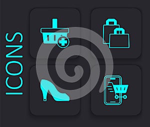 Set Mobile with shopping cart, Add to Shopping basket, Paper bag and Woman shoe icon. Black square button. Vector