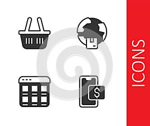 Set Mobile shopping, Shopping basket, Online on screen and Worldwide shipping icon. Vector