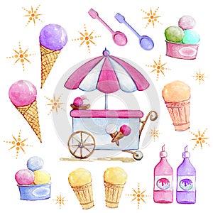 A set for a mobile stall with ice cream, dessert cups, syrups. watercolor illustration