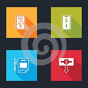 Set Mobile stock trading, , Contract money and pen and Dollar rate decrease icon. Vector