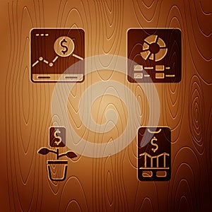 Set Mobile stock trading, Website with growth graph, Dollar plant and Pie chart infographic on wooden background. Vector