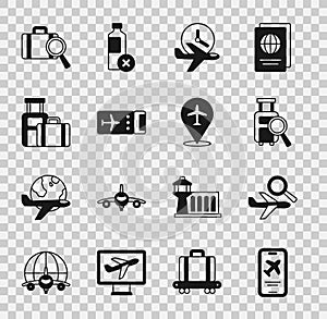 Set Mobile with ticket, Airplane search, Lost baggage, Flight time, Airline, Suitcase, and Plane icon. Vector