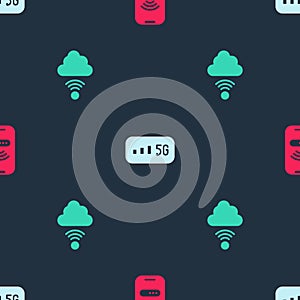Set Mobile with wi-fi wireless, 5G internet and Network cloud connection on seamless pattern. Vector