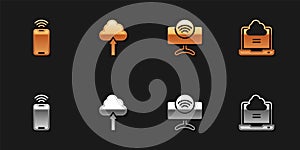 Set Mobile with wi-fi wireless, Cloud upload, Smart Tv system and Network cloud connection icon. Vector