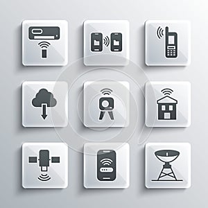 Set Mobile with wi-fi wireless, Satellite dish, Smart home, Web camera, Cloud download, Air conditioner and icon. Vector