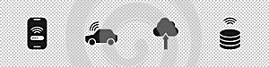 Set Mobile with wi-fi wireless, Smart car system, Cloud upload and data server icon. Vector