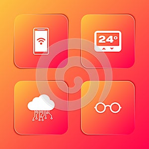 Set Mobile with wi-fi wireless, Thermostat, Internet of things and Glasses icon. Vector