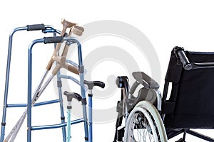 Set of mobility aids including a wheelchair, walker, crutches, quad cane, and crutches.
