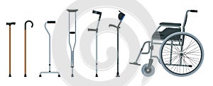 Set of mobility aids including a wheelchair, walker, crutches, quad cane, and forearm crutches. Flat illustration