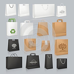 Set of mockup realistic square paper bag, festive boxing.