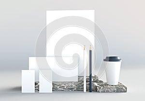 Set Mockup of stationery elements on marble base. 3D render