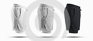 Set of mockups of sports men`s shorts with compression undershorts 3D rendering, side view