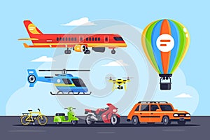 Set mode of transport with car, balloon, motorcycle, plane, helicopter, quadcopter, bicycle or bike.