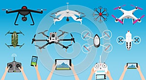 Set of modern air drones and remote control. Science and Modern technologies. Vector illustration. Radio robot or