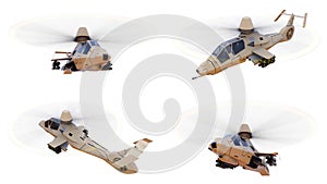 Set modern army helicopter in flight with a full complement of weapons on a white background. 3d illustration.