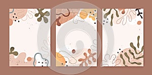 Set of modern backgrounds with abstract organic shapes and leaf. Card designs with geometric fluid blots, dots, leaves