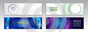 Set of modern banner templates for websites. Abstract social media cover design. Horizontal header web background. High tech