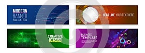 Set of modern banner templates for websites. Abstract social media cover design. Horizontal header web background. High tech