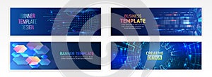 Set of modern banner templates for websites. Abstract social media cover design. Horizontal header web background. High tech