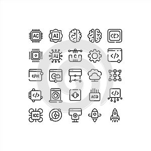 Artificial Intelligence, Coding and Startup Technology Line Icons Set