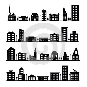 Set of modern black silhouette cityscape. Metropolis architecture panoramic landscape.