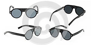 Set modern black sunglasses in round frame isolated on white background. Collection summer glasses with polarization