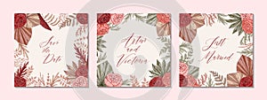 Set of modern boho wedding designs for invitation, greeting cards, posters. Save the date. Hand drawn vector illustration