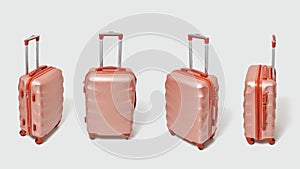 Set of modern brown travel suitcases presented on a gray background with copy space. Tourism concept.