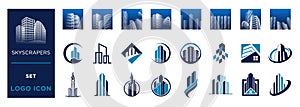Set of modern buildings. City skyscrapers icons in isometric style isolated on white background. Collection of urban architecture photo