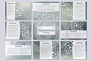 Set of modern business presentation templates in A4 size. Connection structure. Abstract background with molecule DNA