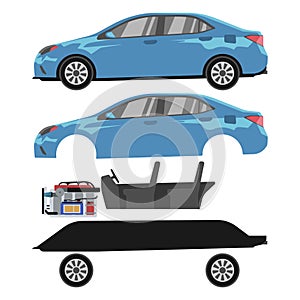 Set of modern car sedan components. Parts for assembling the vehicle. Transmission, engine compartment and chassis of car