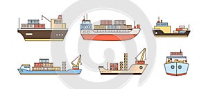 Set of modern cargo ship icons with loading crane, containers. Commercial trade goods shipment, shipping logistics