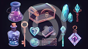 Set of modern cartoon assets for magic game. The set includes a treasure chest, key, spell book, toxic potion in glass