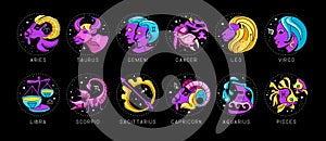 Set of modern cartoon astrology zodiac signs isolated on black background. Set of fluorescent Zodiac icons.