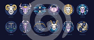 Set of modern cartoon astrology zodiac signs isolated on blue background. Set of Zodiac icons.