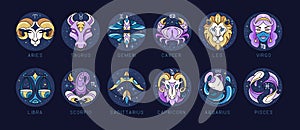 Set of modern cartoon astrology zodiac signs isolated on blue background. Set of Zodiac icons.