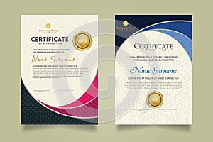 Set modern certificate template with realistic texture diamond shaped on the ornament and modern pattern background