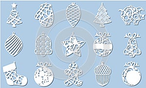 Set of Modern Christmas Tree. New Year`s Toy for laser cutting. Vector illustration