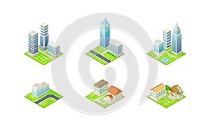 Set of modern city buildings. Private houses, skyscrapers, public buildings isometric vector illustration