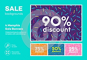 Set of modern colorful poster, banner, flyer template in the Memphis style. Big Sale. Special offer discount.