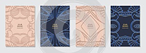 Set of modern covers, vertical vector templates. Collection of pink and blue backgrounds with 3d geometric pattern. Tribal ethnici