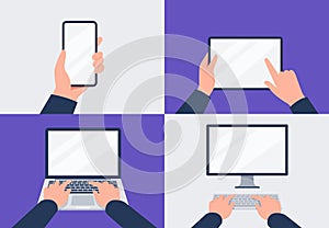 Set of modern digital devices in hands. Computer, laptop, tablet, and smartphone. Vector flat illustration.