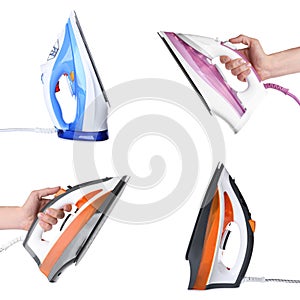 Set with modern electric irons on background