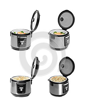 Set of modern electric multi cookers with ingredients on white