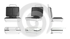 Set with modern electric waffle makers on white background