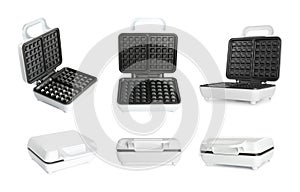 Set with modern electric waffle makers on white background