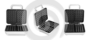 Set with modern electric waffle makers on white background. Banner design