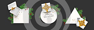 Set of modern elegant Christmas geometric frame with realistic fir branches garland, gifts box and decoration eps10 vector templat